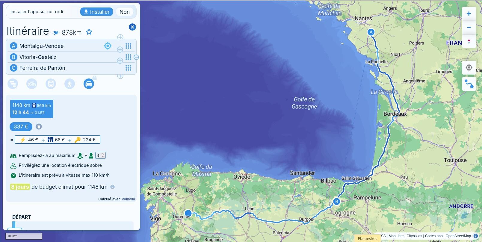 L’itinéraire de Montaigu-Vendée à Ferreira de Pantón, via Vitoria-Gasteiz (cliquez pour ouvrir la carte interactive)