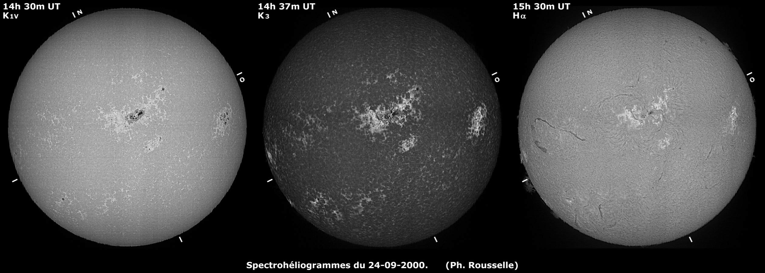 Trois spectrohéliogrammes du Soleil obtenus le 24 septembre 2000 par Philippe Rousselle dans les raies K1v, K3 et Hα