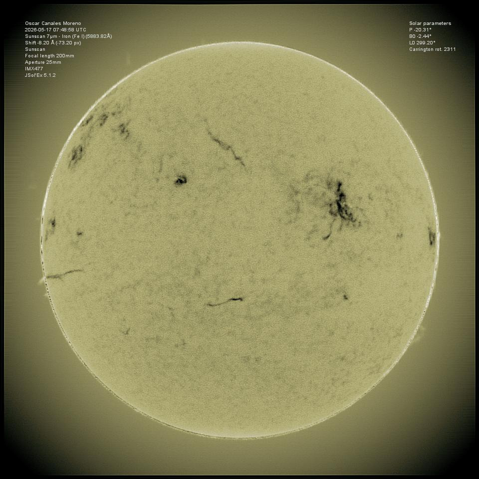 Le Soleil dans la raie de l’hélium D3 acquis avec un SUNSCAN et reconstruit avec JSol’Ex - Oscar Canales Moreno 17 mai 2026